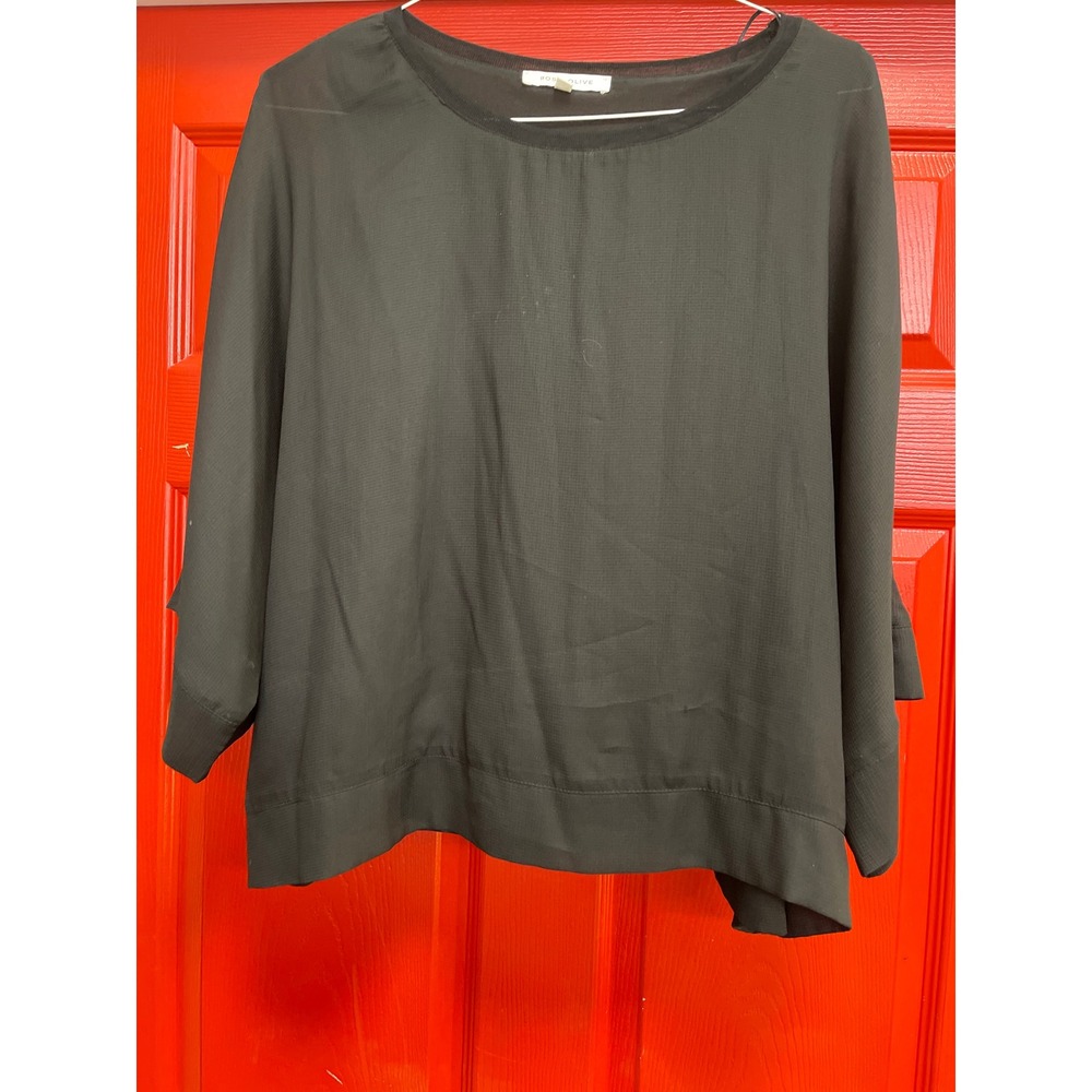 Rose + Olive Black Semi Sheer Boxy Blouse Medium 3/4 Sleeve Textured Top